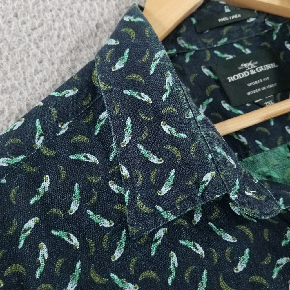 Rodd & Gunn Shirt Mens 2XL Italian Linen Parrot Print Sports Fit Navy Green